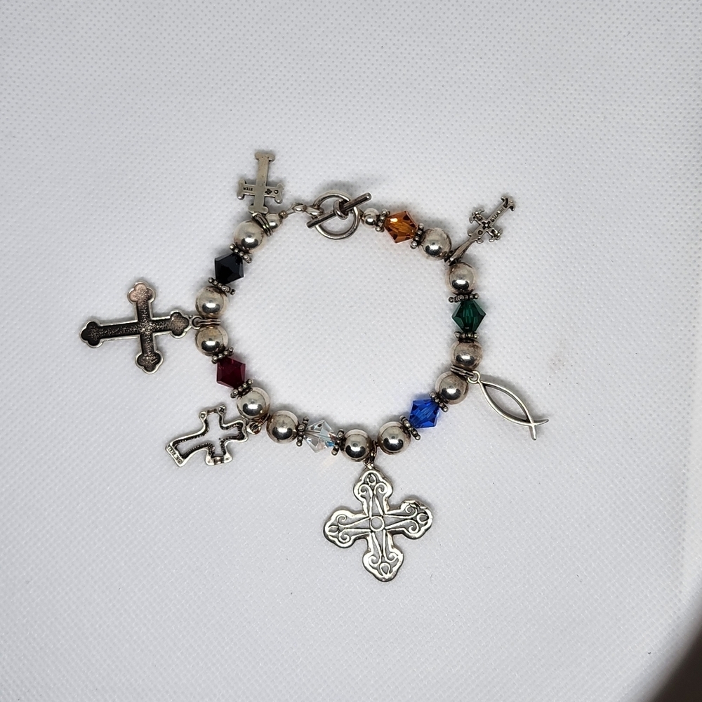 Multi Cross Charm Silver Bracelet. - Picture 2 of 6